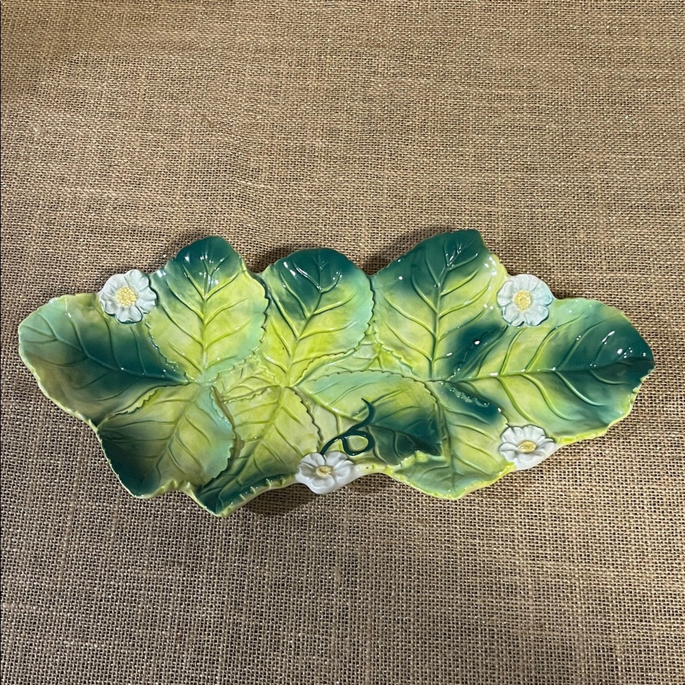 Leaf-Shaped Ceramic Platter with Floral Accents